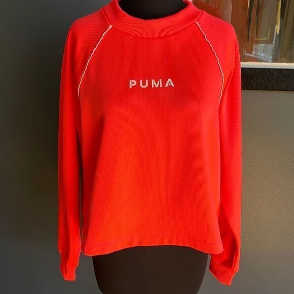 Puma bright orange logo fleece lined smooth mini-waffle top. Large. - Picture 1 of 6